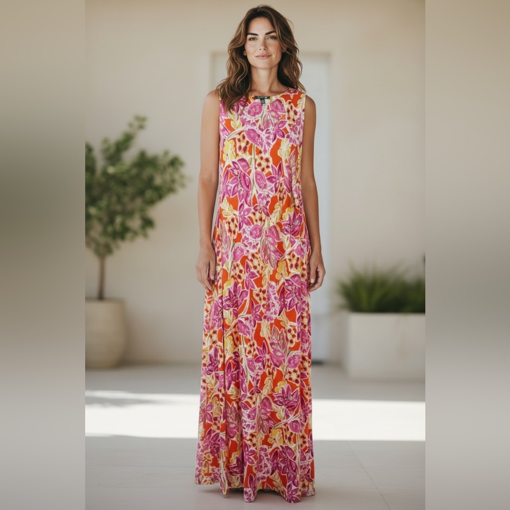Lauren Ralph Lauren Orange Floral Print Sleeveless Maxi Dress